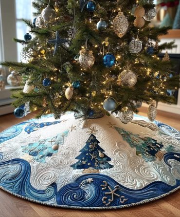Coastal Sea Breeze Quilted Christmas Tree Skirt - 60In Holiday Tree Skirt, Nautical Holiday Décor