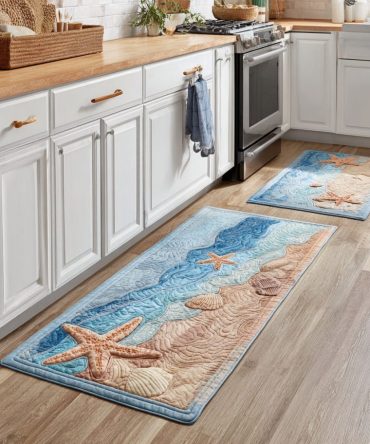 Sea Breeze Coastal Kitchen Rug - Plush Microfiber Non-Slip Mat For Beach-Style Homes, Machine Washable, Anti-Fatigue Comfort