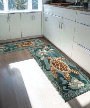 Seafoam Trails Kitchen Rug — Ocean-Inspired Swirl Pattern, Soft Low-Pile Washable Rug With Anti-Skid Backing, Durable And Fade-Resistant For Kitchens & Baths