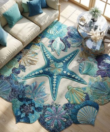Seashell Symphony Curved Area Rug — Decorative Custom Shell Rug, Plush Low-Pile Coastal Accent With Slip-Resistant Backing