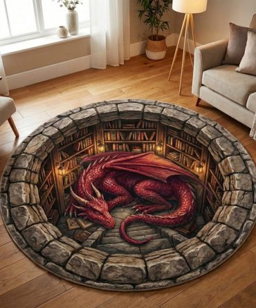 Secret Chamber Round Rug - Intricate Dragon Emblem Area Rug For Library, Study Or Cozy Reading Nook, Soft Durable And Fade-Resistant