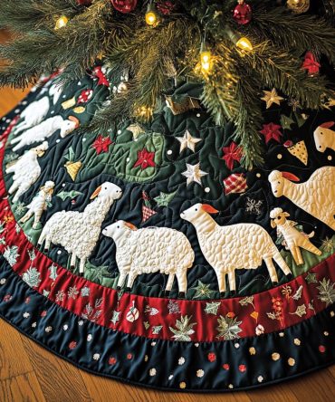 Serene Sheep Quilted Christmas Tree Skirt - Calm Pastoral Holiday Mat With Sheep Motif, Soft Quilting For Rustic Seasonal Styling