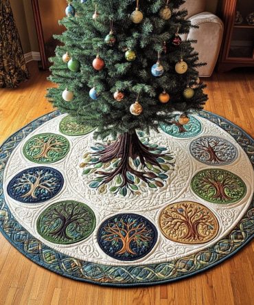 Serenity Tree Quilted Christmas Skirt — Minimalist Tree Motif Holiday Accent, 48In Neutral Cotton-Blend, Reversible & Machine Washable