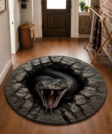 Serpent Abyss Round Area Rug — Striking Snake Motif Accent Rug, Plush Low-Pile Round Carpet With Non-Slip Backing, Durable Indoor Floor Mat
