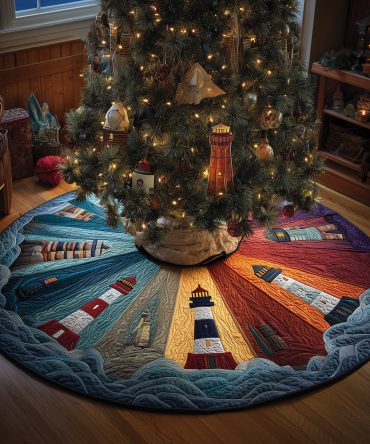 Shades Of Lighthouse Quilted Tree Skirt — Coastal Holiday Accent With Layered Nautical Textures, Perfect For Beach-Themed Trees