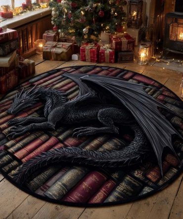 Shadow Ember Dragon Round Rug — Smoky Black & Orange Dragon Area Carpet For Edgy Living Rooms And Game Spaces