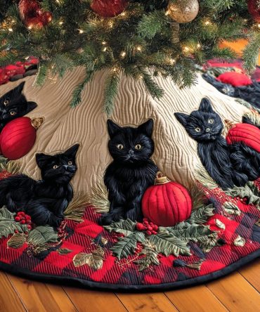 Midnight Black Cat Quilted Tree Skirt — Stylish Gothic Holiday Decor, Plush Quilting, 48" Round, Durable & Easy-Care For Festive Homes