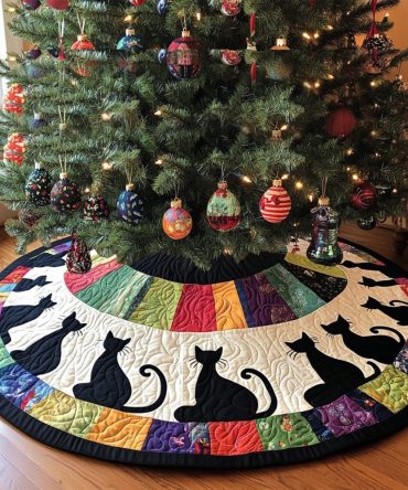 Shadow Purrfection Quilted Christmas Tree Skirt — Chic Cat Silhouette Holiday Tree Skirt, 48" Round, Plush Cotton Blend, Easy Care