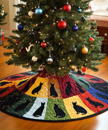 Shadowy Companions Quilted Christmas Tree Skirt — Modern Cat Silhouette Holiday Tree Skirt, 48" Round, Durable Cotton Blend, Washable