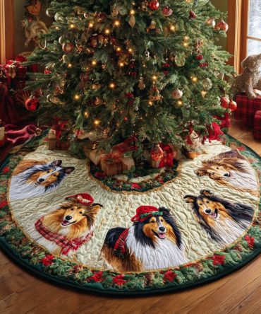 Sheepdog Joy Quilted Tree Skirt — Charming Shepherd Dog Holiday Base Cover, Soft Quilting, Reversible & Easy To Clean