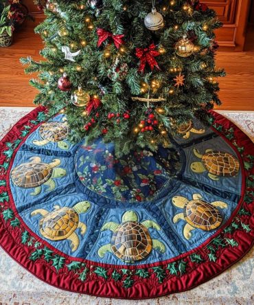 Shell Haven Quilted Christmas Tree Skirt — Coastal Seashell Holiday Mat, 52-Inch Cotton, Machine-Washable Beach-Inspired Decor