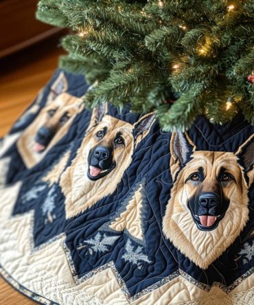 Shepherd Joy Wonderland Quilted Tree Skirt — Whimsical Dog Holiday Decor , Colorful Quilting, Playful German Shepherd Design & Easy Care