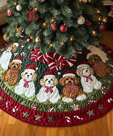 Shih Tzu Christmas Charm Quilted Tree Skirt — Elegant Holiday Tree Base Cover, Embroidered Dog Design, Cozy Seasonal Accent