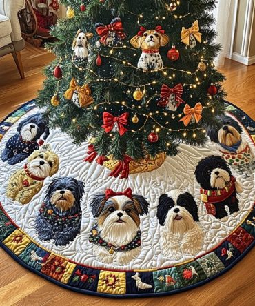 Shih Tzu Cuddles Quilted Christmas Tree Skirt — Soft Festive Pet Décor, 48 Inch Reversible, Plush Insulated, Perfect Holiday Gift