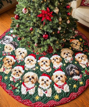 Shih Tzu Christmas Joy Quilted Tree Skirt — Festive Dog-Themed Holiday Tree Cover, Decorative Applique, Soft Machine-Friendly Fabric