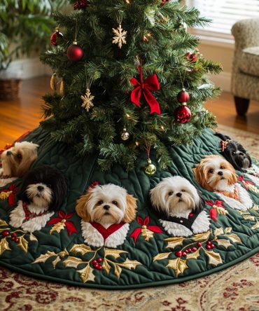 Shih Tzu Delight Quilted Christmas Tree Skirt — Adorable Shih Tzu Motifs, Soft Quilting, Pet-Lover Holiday Accent