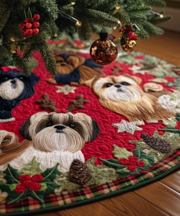 Shih Tzu Dream Quilted Christmas Tree Skirt — Dreamy Shih Tzu Motifs, Luxurious Quilted Texture, Cozy Holiday Foundation