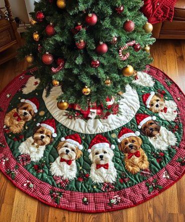 Shih Tzu Holiday Joy Quilted Tree Skirt — Vibrant Christmas Tree Base Cover, Decorative Stitching, Pet Lover-Friendly Design