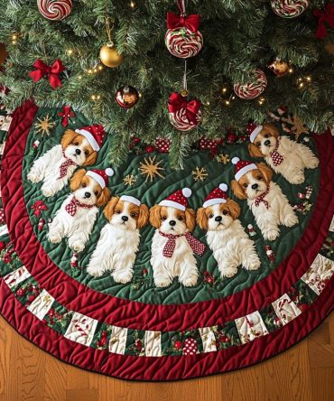 Shih Tzu Holiday Spirit Quilted Tree Skirt — Festive Christmas Tree Cover With Dog Motif, Soft Insulated Fabric, Stylish Decor