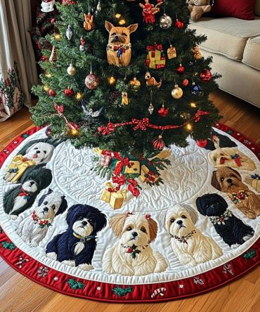 Shih Tzu Holiday Spirit Quilted Tree Skirt — Vibrant Festive Dog Décor, 48 Inch Reversible, Plush Cotton-Blend, Ideal Stocking Stuffer