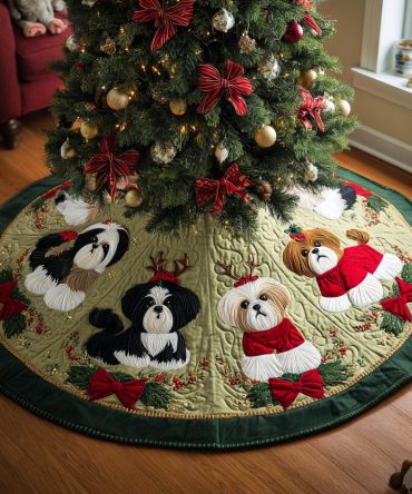 Magical Shih Tzu Quilted Christmas Tree Skirt — Enchanting Holiday Tree Mat, Plush Quilting, Durable & Washable For Festive Home Styling