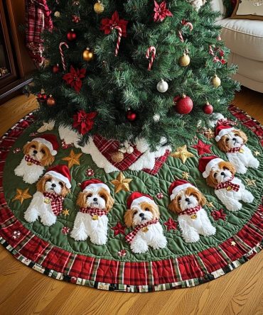 Shih Tzu Noel Quilted Tree Skirt — Classic Holiday Tree Base Cover With Elegant Dog Design, Cozy Quilted Finish For Seasonal Charm