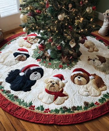 Noel Quilted Shih Tzu Christmas Tree Skirt — Elegant Noël-Themed Tree Mat With Dog Accent, Quilted Protection, Durable Holiday Décor & Gift-Ready