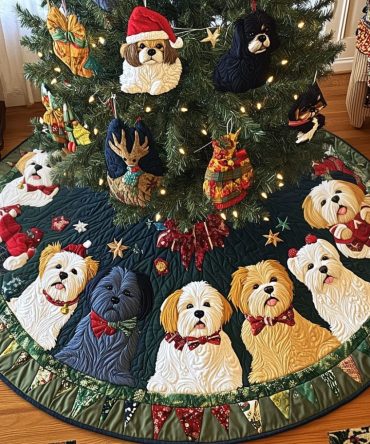 Shih Tzu Sleigh Bells Quilted Tree Skirt — Charming Holiday Dog Décor, 48 Inch Soft Quilting, Reversible, Machine Washable Gift For Dog Lovers