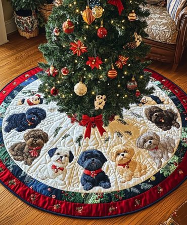 Shih Tzu Sleigh Ride Quilted Tree Skirt — Festive Dog Holiday Décor, 48 Inch Durable Quilting, Reversible Colors, Great Gift For Pet Owners