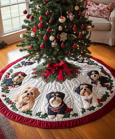 Shih Tzu Wonderland Quilted Christmas Tree Skirt — Whimsical Holiday Tree Mat, Plush Insulation, Durable & Machine-Friendly For Festive Rooms