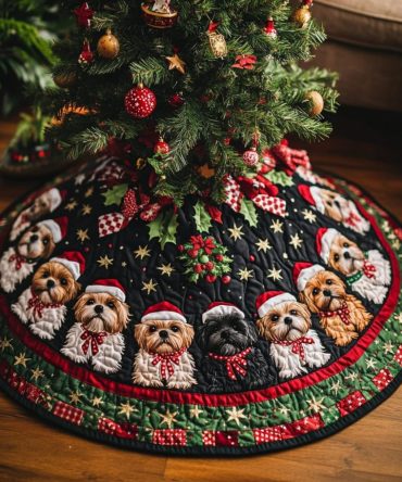 Shih Tzu Xmas Joy Quilted Tree Skirt — Cheerful Holiday Tree Base Cover, Plush Quilting, Pet-Friendly Christmas Accent