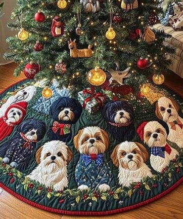 Shih Tzu & Santa Paws Quilted Tree Skirt — Playful Holiday Dog Décor, 48 Inch Reversible Design, Plush Cotton-Blend, Perfect Pet Lover Present