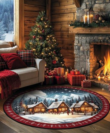 Silent Hearth Round Holiday Rug — Warm Hearth Scene Christmas Accent Mat, Soft Low-Pile, Non-Skid Backing For Cozy Winter Decor