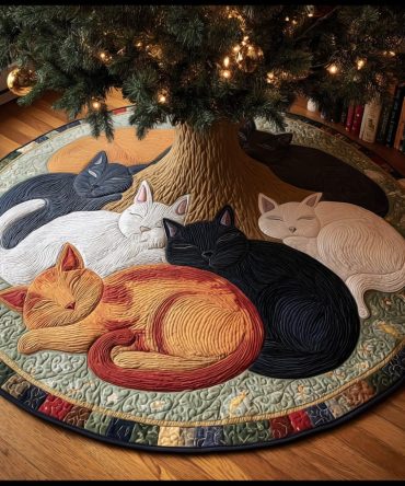 Silent Night Cat Quilted Christmas Tree Skirt — Elegant Holiday Cat Tree Skirt, Soft Warm Quilting, Perfect Pet Gift