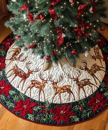 Silent Night Reindeer Quilted Tree Skirt — Elegant Rustic Christmas Tree Skirt With Reindeer Motif For Classic Holiday Style