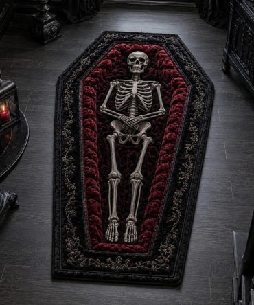 Skeletal Coffin Crypt Area Rug — Custom-Shaped Bone Motif Floor Mat For Halloween, Gothic Rooms & Haunted Decor