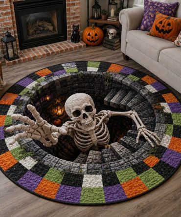 Skeleton Sinkhole Gothic Circular Area Rug — Spooky Statement Round Rug For Living Room, Bedroom & Halloween Decor, Plush & Non-Slip