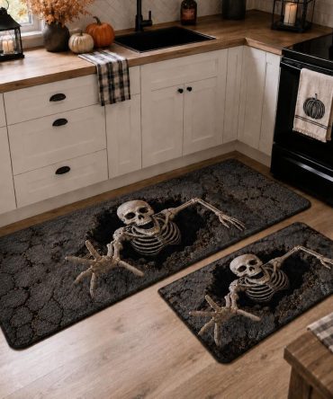 Skeleton Breakout Halloween Kitchen Rug — Bold Skull Escape Design Non-Slip Mat, Durable Area Rug For Spooky Seasonal Styling