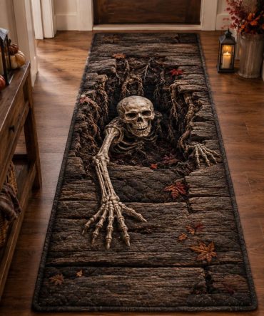Skeleton Crawl Runner Rug — Macabre Skeleton Hallway Runner Carpet For Entryway, Low-Pile Durable Accent Rug