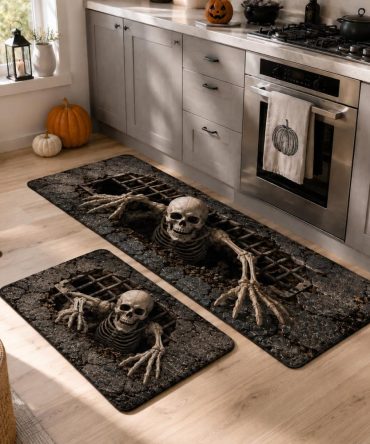 Skeleton Drains Kitchen Rug — Spooky Skull & Drain Themed Area Mat For Halloween, Non-Slip Durable Floor Accent, Easy Clean