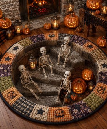 Skeleton Gathering Round Rug — Festive Skeleton Party Accent Rug, Durable Low-Pile Round Carpet With Non-Slip Backing, Perfect For Halloween Displays