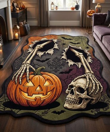 Skeleton Hollow Themed Rug — Custom-Shaped Skull & Bones Floor Accent For Halloween Entryway, Spooky Room Decor, High-Impact