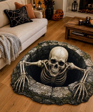 Skeleton Rise Statement Rug — Custom-Shaped Skeleton Motif Rug For Gothic Spaces & Halloween Parties, Plush, Non-Slip Design