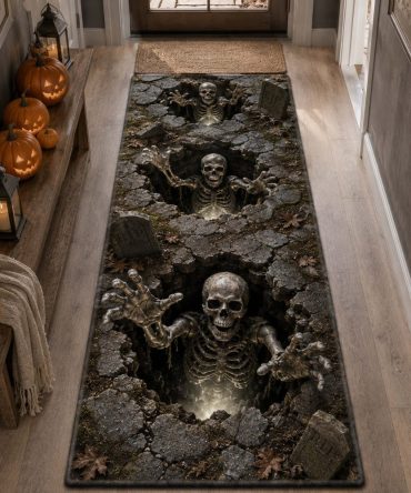 Skeleton Snare Bone Runner Rug — Spooky Hallway & Entryway Accent, Durable Non-Slip Low-Profile Design, Machine-Washable Halloween Mat