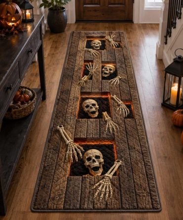 Skull Corridor Gothic Runner Rug — Bold Skulls Hallway Carpet, Durable Low-Pile, Alternative Home Décor Accent For Edgy Interiors