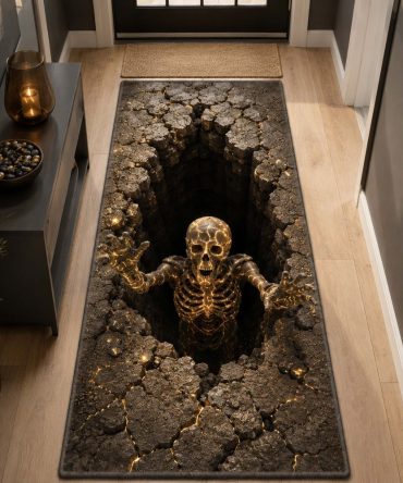 Skull Depths Bone Runner Rug — Macabre Gothic Hallway Accent, Durable Non-Slip Low-Profile Design, Machine-Washable Halloween Mat