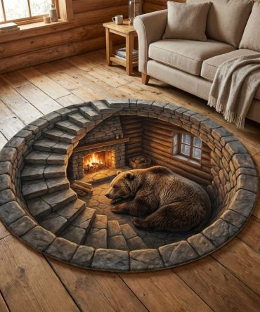 Sleeping Bear Calm Round Rug — Peaceful Bear-Themed Circular Area Rug For Nursery & Bedroom, Plush Low-Pile Comfort With Anti-Skid Backing