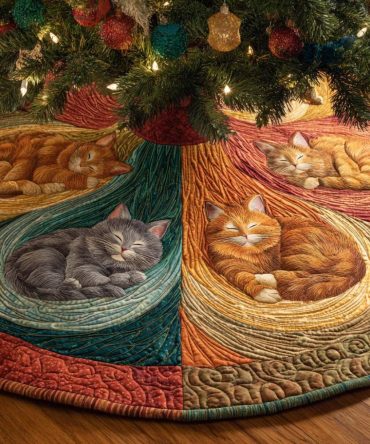 Premium Quilted Cat Christmas Tree Skirt - Sleepy Tails Holiday Pet Decor - Soft Reversible Fabric, Gift-Ready