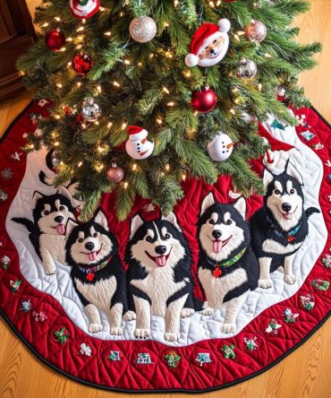 Sleigh Bells Bark Quilted Christmas Tree Skirt , Dog & Pet Holiday Tree Skirt, 48In Quilted Cotton, Durable & Washable