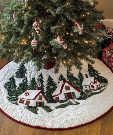 Snow Covered Quilted Christmas Tree Skirt — Elegant Snow-Covered Design, Plush Quilting, Timeless Winter Holiday Accent For Home Decor